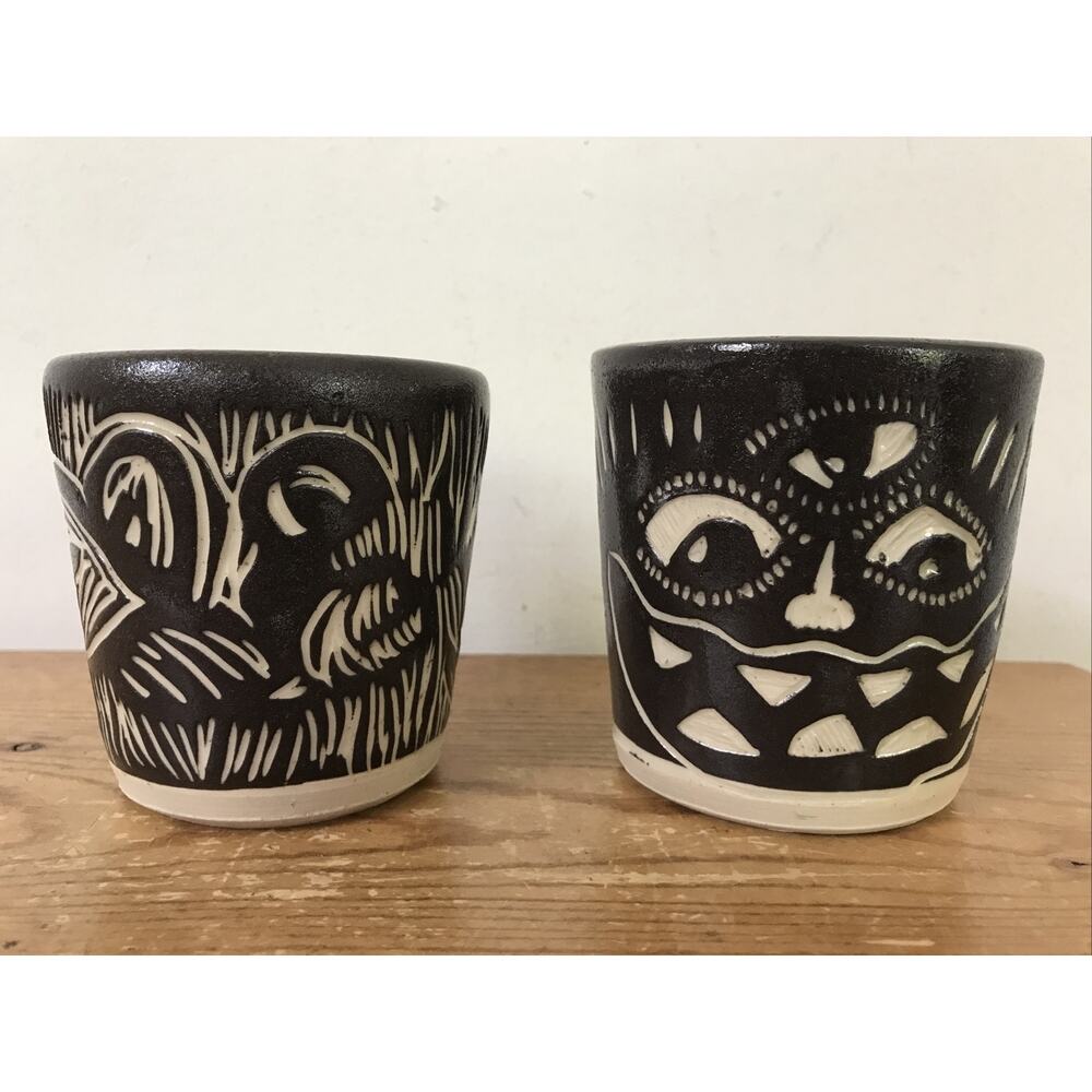 Pair Vintage Brown Homemade Decorated Pottery Art Studio Cups Tea Coffee Mugs